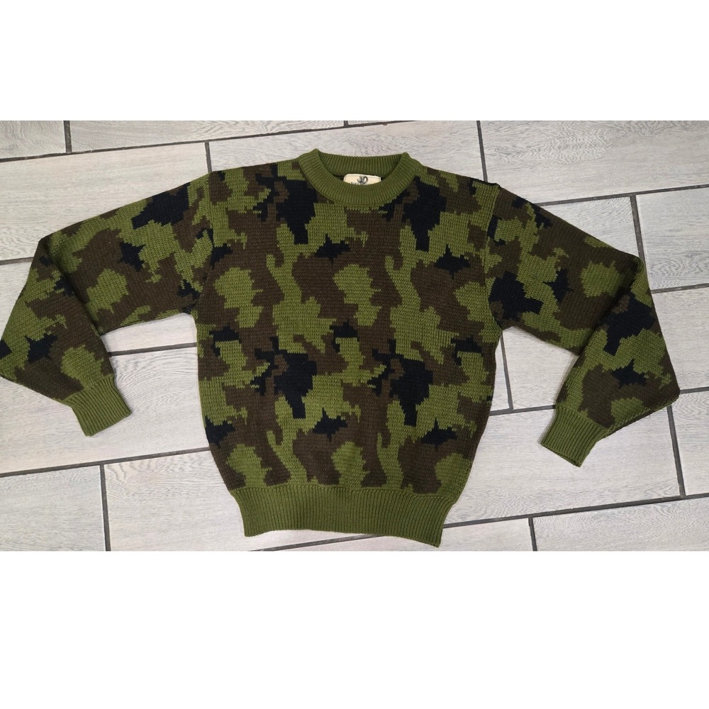 Black Sheep Camouflage Knit Sweater Mens Large Green Camo Crewneck WPL 12993